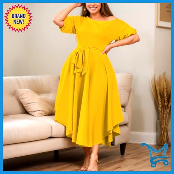 Off Shoulder Boat Neck Midi Dress Flowy Formal Elegant Wedding Guest Church Wear - Picture 3 of 6